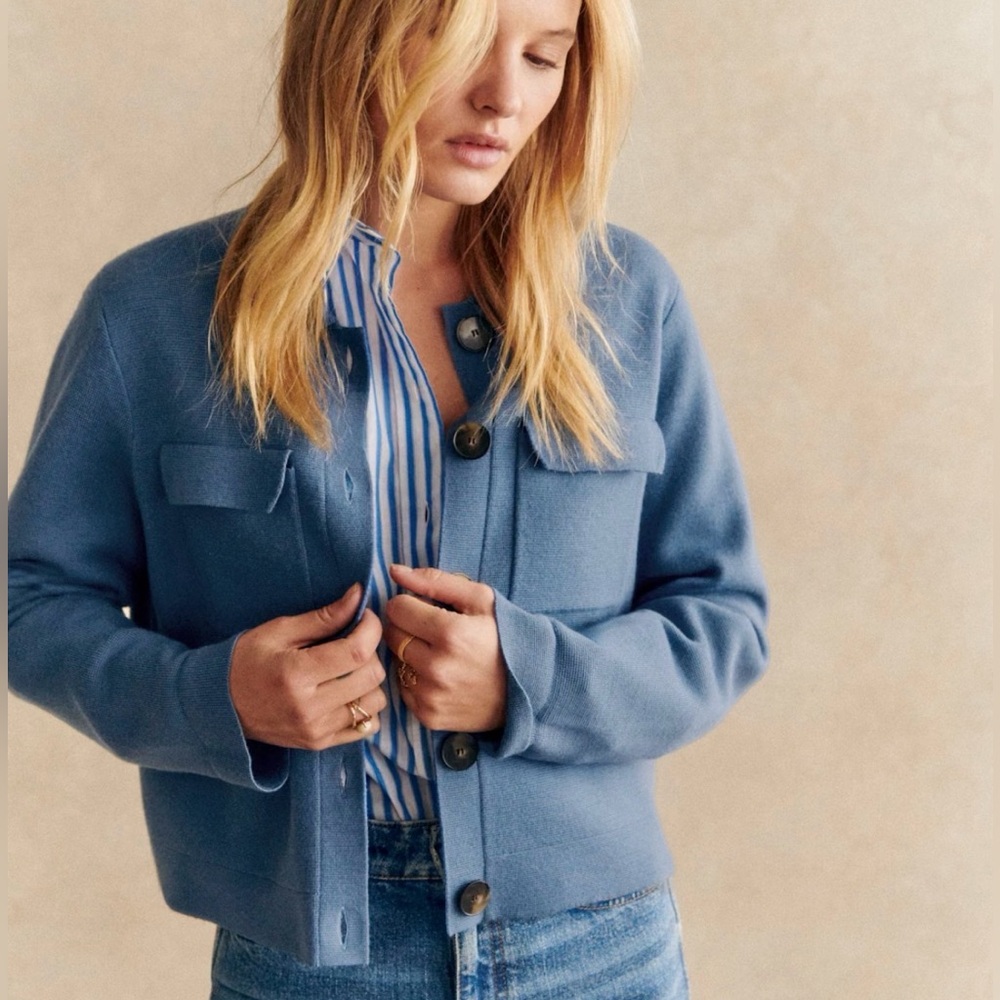 NWT Sezane Betty Washed Blue Merino Wool Cardigan Sweater, size XXS